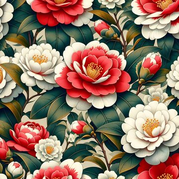 Vintage Kamelia Flower Pattern Illustration - Elegant and Decorative Motifs