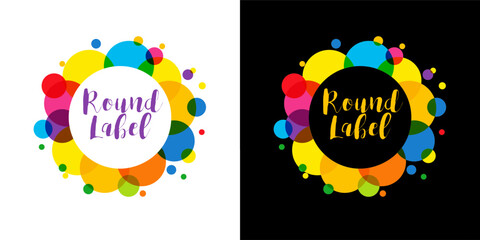 Cute round coloured label, advertising design. Branding identity creative element in black and white background. Abstract border. Colorful confetti. Colored icon or logo template. Sale graphic concept