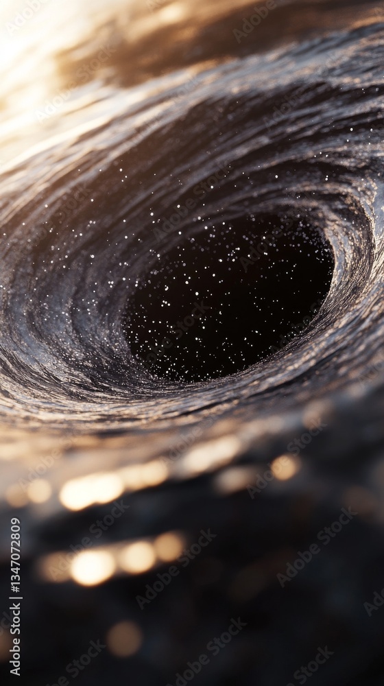 Poster close-up of a swirling vortex with a black hole-like appearance, featuring a mix of glowing light pa