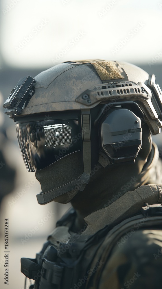 Poster a close-up of a futuristic soldier equipped with an advanced tactical helmet featuring a reflective 