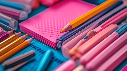 Fototapeta premium Pencils rest on notebook near case. Colorful supplies sit on textured backdrop