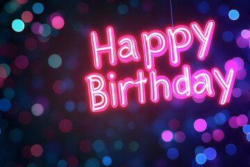 Neon inscription "Happy Birthday" on a dark background with space for text