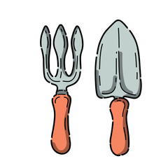 Garden tools for planting seedlings. Working with the harvest. Bright cartoon stickers on a white background