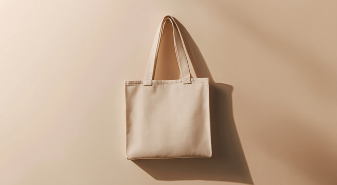 Modelo de sacola de lona bege elegante e simples pendurada em uma parede de cor neutra com ilumina&ccedil;&atilde;o difusa suave. Este modelo de exibi&ccedil;&atilde;o de produto limpo e moderno &eacute; perfeito para exibir sua marca