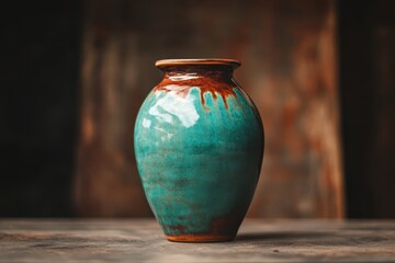 Colorful ceramic vase with unique glaze displayed on a rustic surface