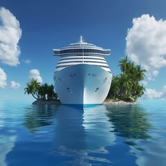 Naklejka premium A majestic cruise ship anchored near a tropical island, reflecting in calm blue waters under a clear sky