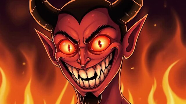 Smirking Devil Cartoon Character with Horns and Fiery Background
