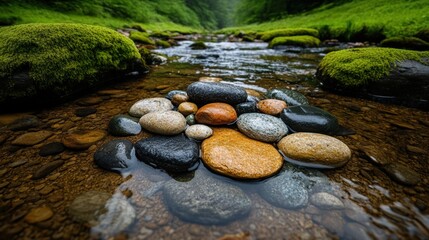 A Cluster of Smooth Colorful Stones Resting in a Secluded Creek Surrounded by Moss-Covered Rocks and Lush Greenery Captured in Detail