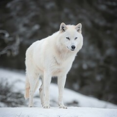 Obraz premium Arctic Wolf in Winter Landscape: A majestic arctic wolf stands proudly amidst a snowy winter landscape, its pristine white fur blending seamlessly with the frozen terrain.