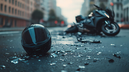 Road Collision: A stark scene unfolds with a damaged motorcycle and helmet lying on the road, the aftermath of an accident. shattered glass details the destructive force.