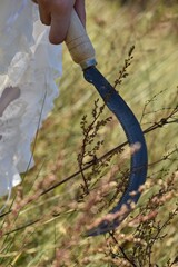 the hand of a girl with a sickle in the field