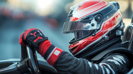 Fototapeta premium Race Car Driver: A race car driver intensely focused, gripping the steering wheel. The image highlights the speed and adrenaline of the race.