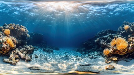 Fototapeta premium Sunlight filters through the ocean, illuminating coral reefs and sandy bottom