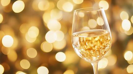 Elegant glass of white wine on a festive background with beautiful golden bokeh lights creating a warm and inviting atmosphere for celebrations
