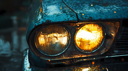 Illuminated Vintage Car Headlights: An evocative image of a classic car's headlights, glowing warmly against the backdrop of a rain-slicked environment, radiating a nostalgic and dramatic atmosphere.