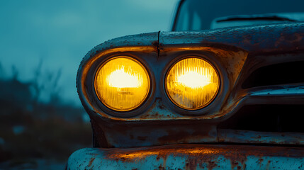 Vintage Automobile Headlights at Dusk: A close-up shot of a vintage automobile's headlights illuminated against a dusk background, evoking a sense of nostalgia and timeless beauty.