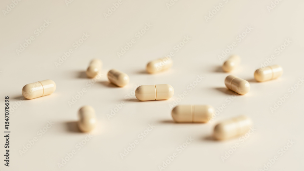 Poster magnesium glycinate capsules on a table, close-up view with soft shadows from sunlight.