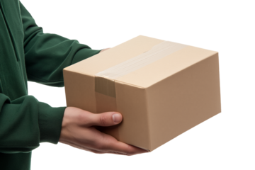 Isolated male hands in green sleeves holding blank cardboard box.