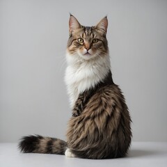 Obraz premium A Maine cat with a bushy tail sitting confidently, white background.