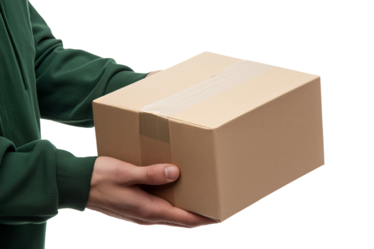 Isolated male hands in green sleeves holding blank cardboard box.