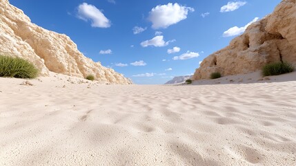 Walking Through Sandy Desert Landscape with Blue Sky and Rock Formations