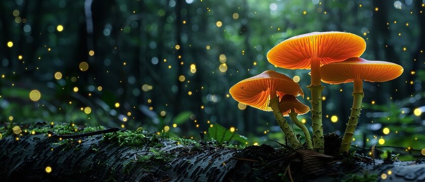 Fireflies and glowing mushrooms on bark in a dark woodland, Generative AI.