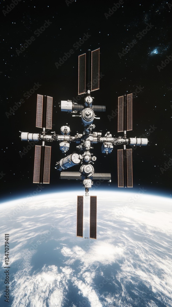 Poster a high-tech space station with detailed solar panels orbiting above earth's atmosphere, showcasing t