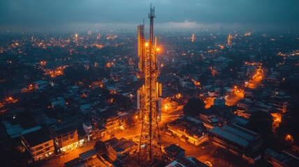 Obraz premium Cityscape at Dusk with Illuminated Telecom Tower and Urban Landscape Filled with Lights and Busy Streets, Creating a Vibrant Night Atmosphere in an Urban Setting