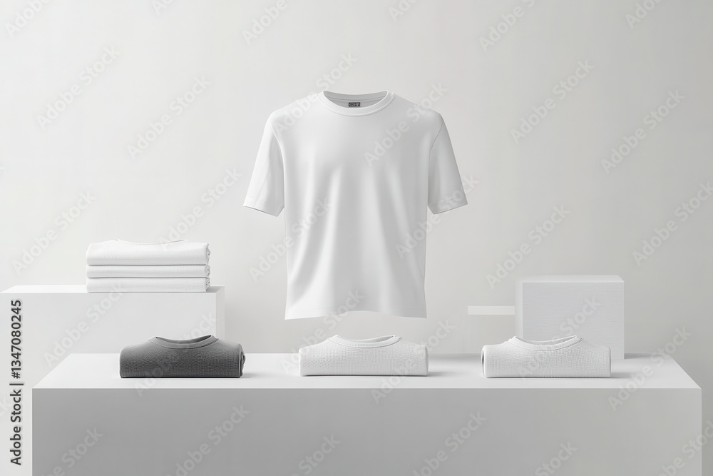 Poster Display of neatly arranged t-shirts and towels in a minimalist setting with natural lighting