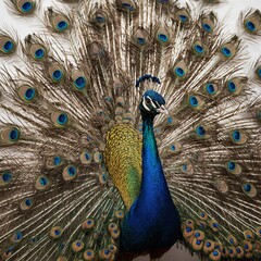 Fototapeta premium A majestic peacock standing tall with its vibrant tail feathers fully fanned out against a white background.