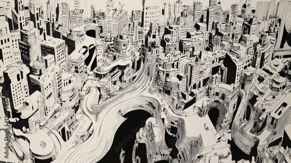 Poster a detailed black and white cityscape showcases abstract architecture with swirling streets and disto