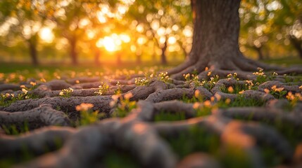 Fototapeta premium Sunset Orchard Tree Roots, Ground Flowers