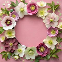 A frame made of white, purple and pink hellebore flowers, placed on a pink background with cut-out on the center, like a plate or a box. The flat lay composition creates a natural, elegant wreath