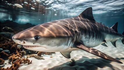 Naklejka premium ocean animals Majestic tiger shark gliding through clear waters near coral reefs.
