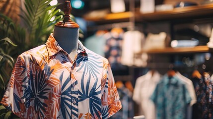 Fototapeta premium Modern men's cotton shirts displayed on mannequins in clothing stores. Samples of summer collection fashion products are displayed in a clothes store for sale, Generative AI.