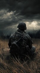 A lone soldier sits on a dry grassy field under dark, stormy skies, evoking themes of isolation, resilience, and wartime atmosphere. The mood is somber and reflective.. AI Generation