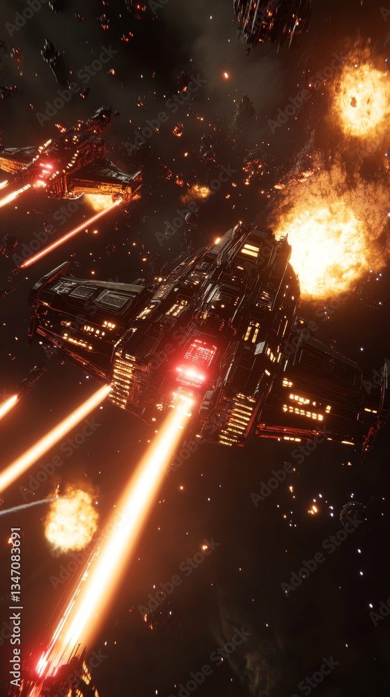 Poster a close-up view of a sleek, futuristic spaceship shooting bright lasers in a heated galactic battle,