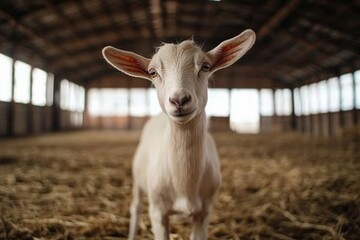 Front view of a goat standing at the gate of its pen