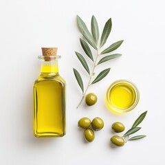 Olive oil bottle, fresh olives, green leaves on white background, healthy cooking ingredient, natural product for culinary use, organic food preparation
