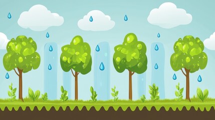 Rain Falling on Cartoon Trees with Nature Background.