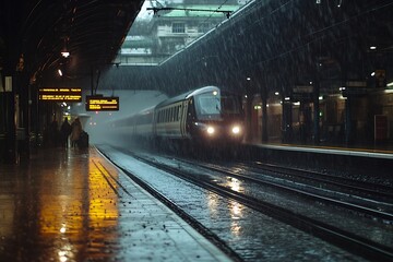 In charmed domain of a drenched station harmony of drops leads an exciting twirl of trains entering and exiting sparking air with a lively vibe of waiting and endless motion  
