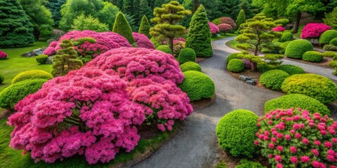 High-angle view: azaleas, black pines frame formal garden paths.