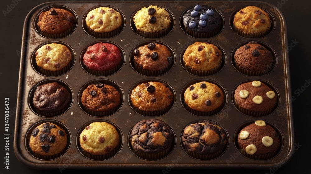Poster a top-down view of a rustic baking tray showcasing a variety of muffins with toppings such as chocol