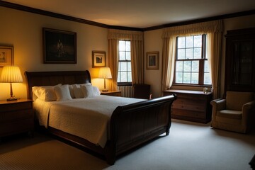 A spacious bedroom is elegantly furnished and well illuminated by lamps