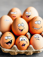 Funny emoji egg faces in close-up, Easter preparation fun, cozy playful atmosphere, family bonding time. For holiday decor, lifestyle blogs, playful and funny visuals. Vertical shot.