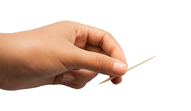 hand holding a toothpick on white background isolated