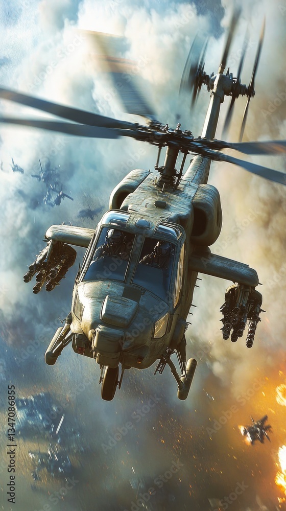 Poster close-up of a modern attack helicopter engaging in combat over a warzone with dramatic explosions an