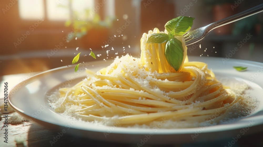 Poster a plate of freshly cooked spaghetti adorned with basil leaves and grated parmesan. sunlight streamin