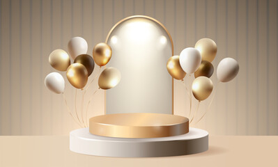 Elegant 3D podium with gold and white balloons, featuring a luxurious display setup with soft lighting. Ideal for product presentations, award ceremonies, and festive celebrations.Vector illustration