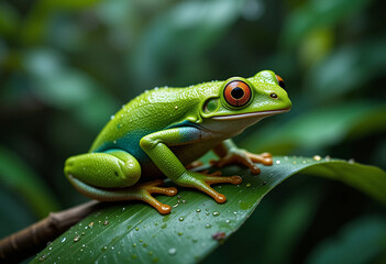 Naklejka premium Close-up of a vibrant green tree frog on a leaf.